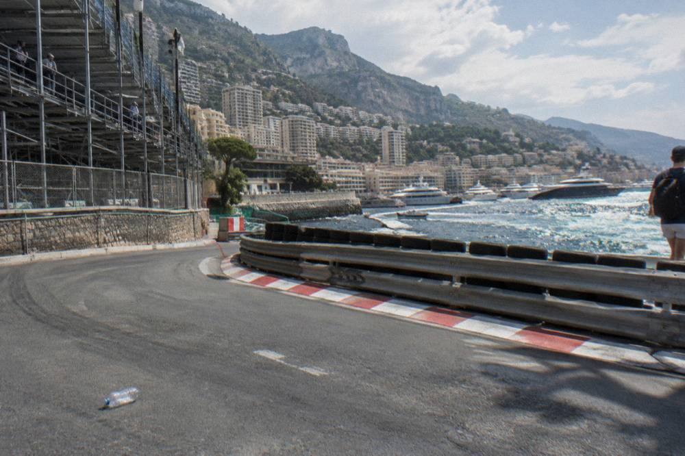 Grand Prix grandstands and barriers along the Monaco harbor waterfront